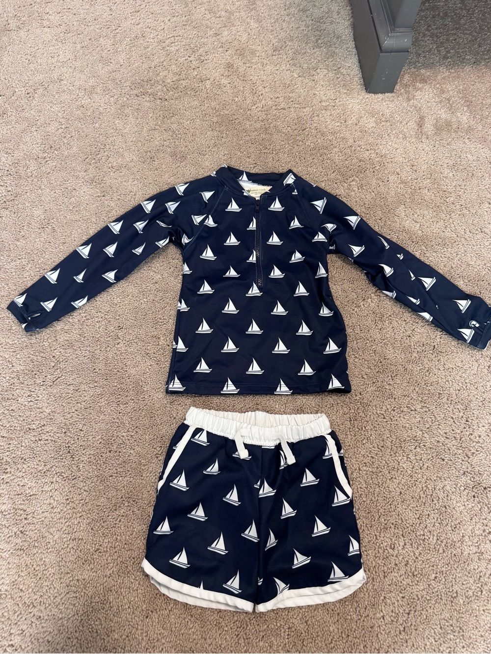 Monica & Andy-Navy Sailboat Two-Piece Swim Set - Long Sleeve Rash Guard & Shorts